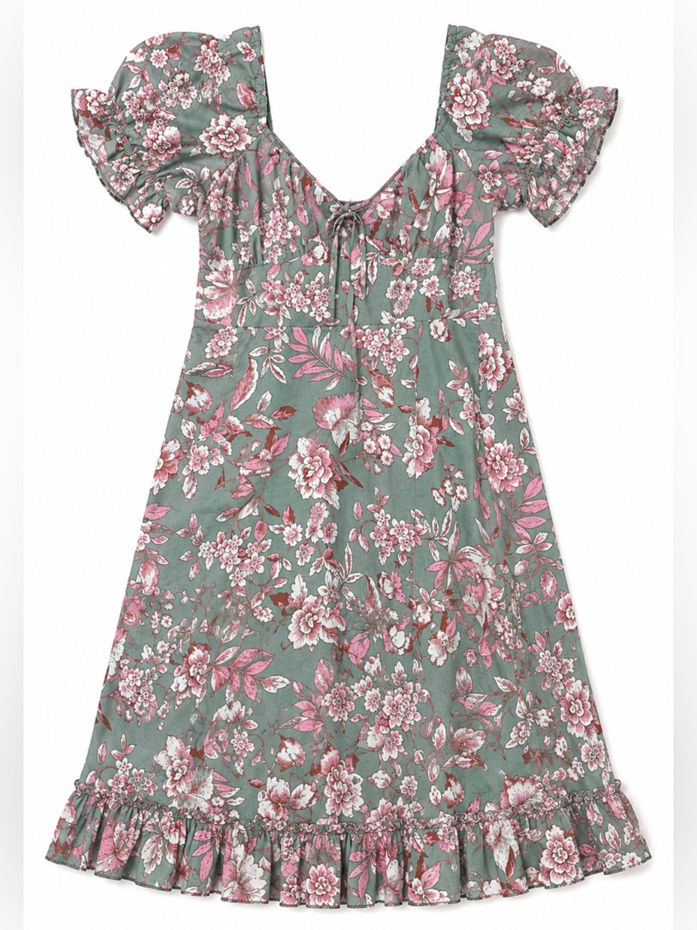 B. darlin • Sage Green • Floral • Ruffle Mini Dress with Puff Sleeves